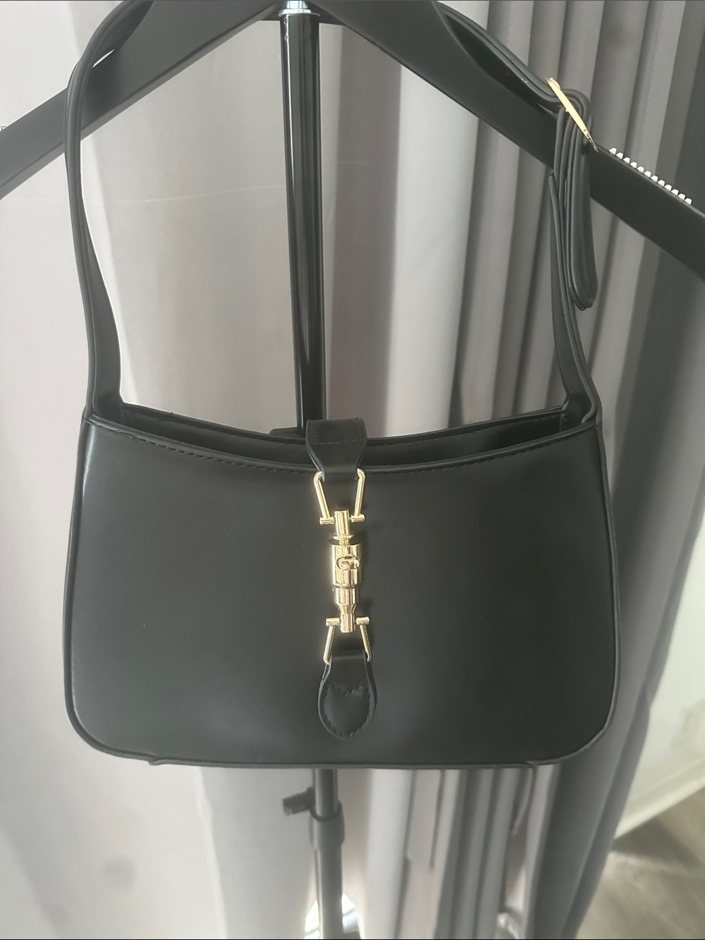 Classic Black Leather Shoulder Bag with Gold Hardware